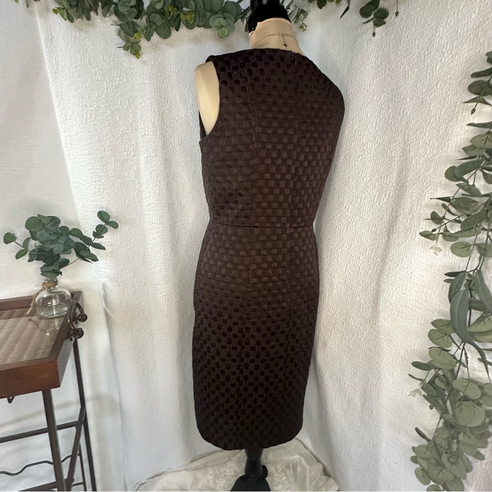 David Meister Chocolate Brown Dot Textured Midi Sheath Lined Dress w/Bow Size 6 - Picture 3 of 15